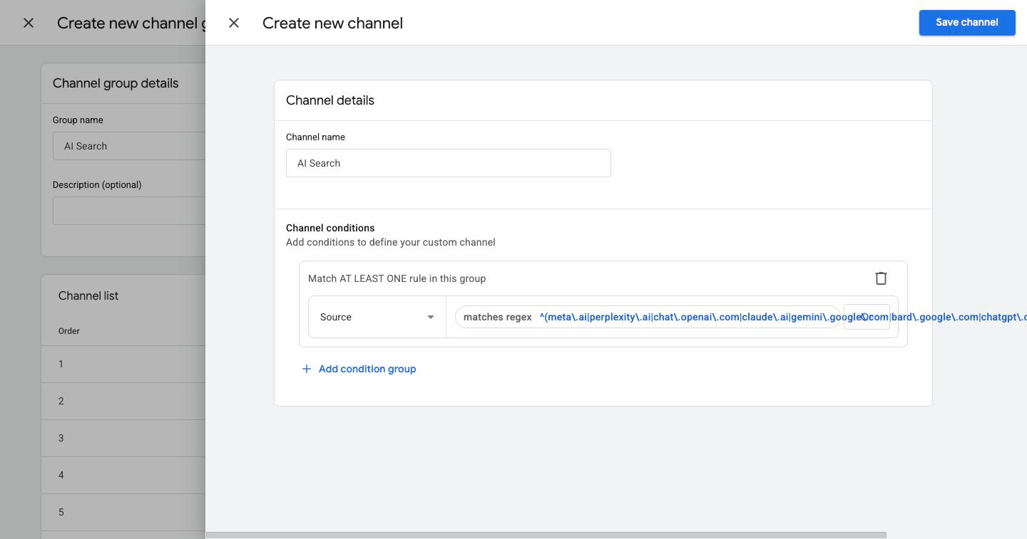 GA4 custom channel AI Search matching Source by regex