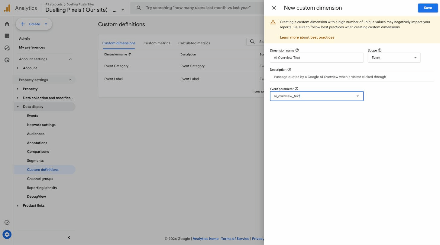 GA4 custom dimension registering the ai_overview_text event parameter