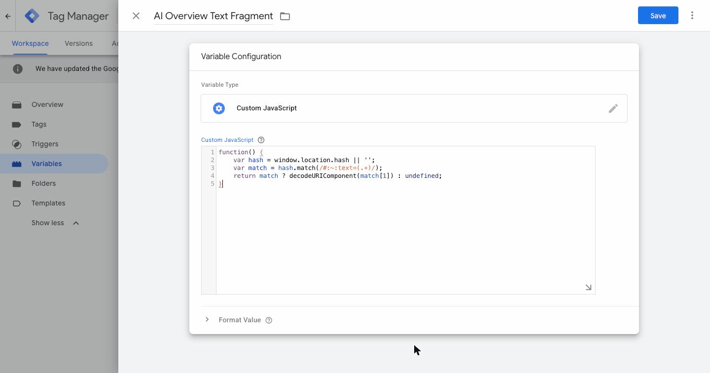 GTM Custom JavaScript variable extracting the AI Overview text fragment