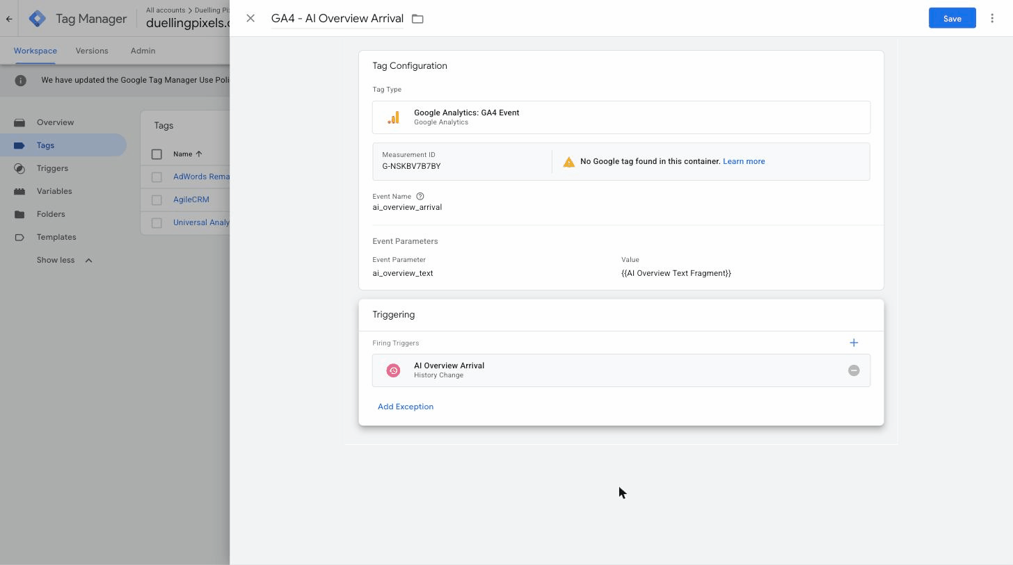 GTM GA4 Event tag sending ai_overview_arrival with the quoted passage