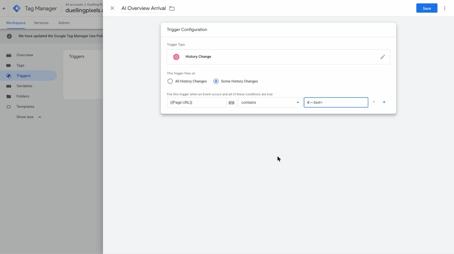 GTM History Change trigger firing when Page URL contains the text fragment