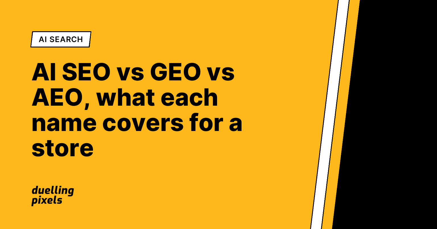 Feature visual: AI SEO vs GEO vs AEO, what each name covers for a store