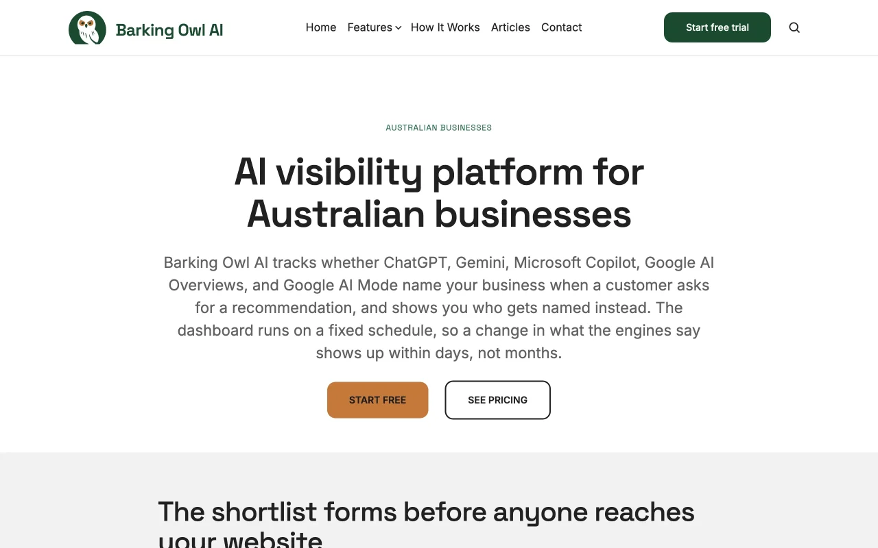 Barking Owl AI website home page on a desktop screen
