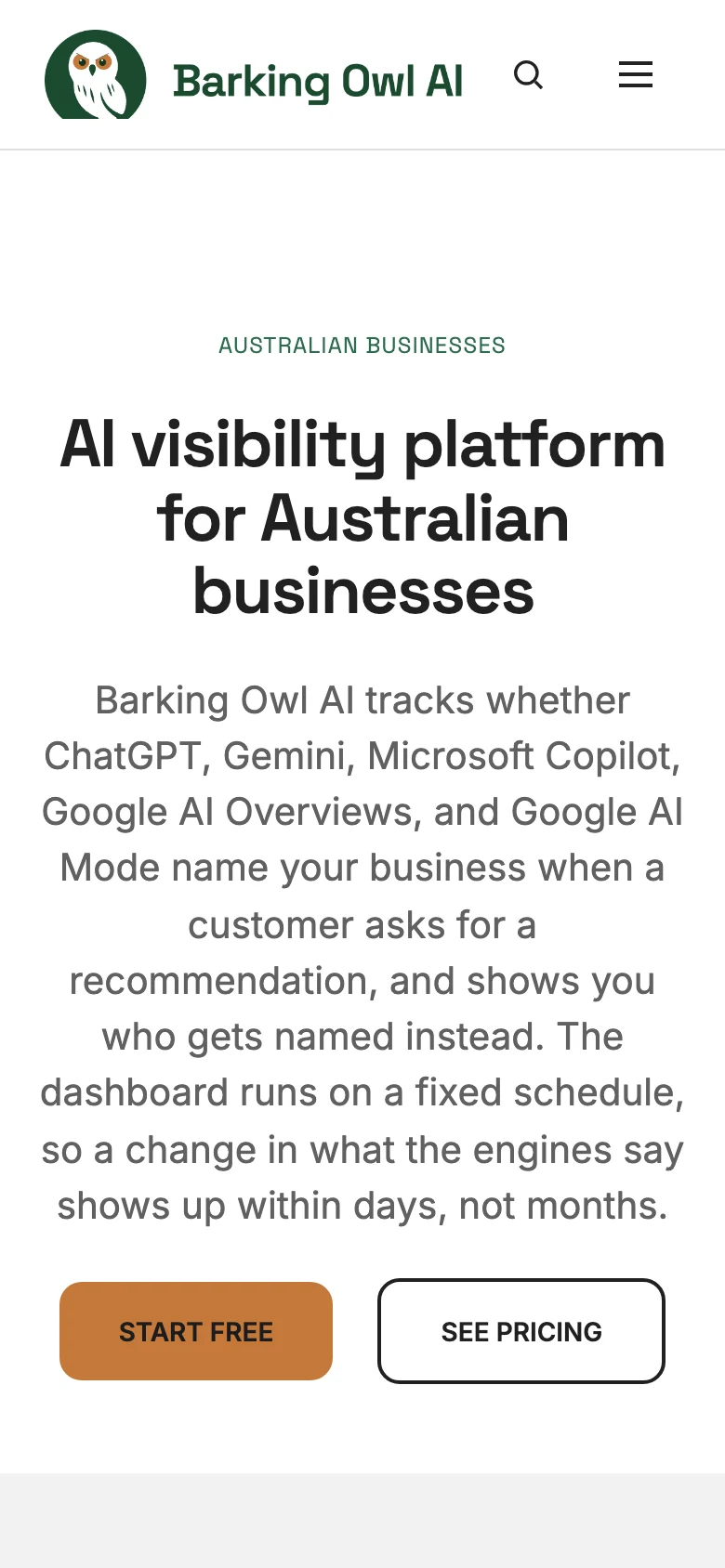 Barking Owl AI website home page on a phone
